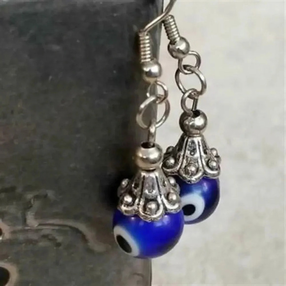 Handmade Evil Eye Blue Lampwork Glass Beads Protective Talisman Drop Earrings - Picture 1 of 1